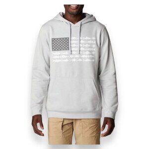 Columbia Mens PFG Fish Flag Graphic Fleece Lined Pullover Hoodie, Gray, size XXL